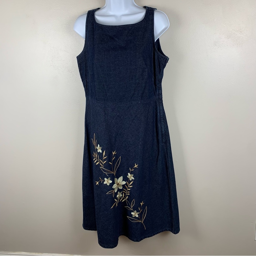 Liz Claiborne Vintage Denim Midi Dress Womens 10 Indigo‎ Blue Embroidered Flower